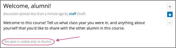 A discussion topic post with the indicator "This post is visible to Alumni".