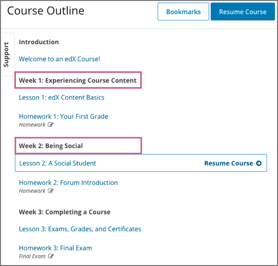 The learner view of the course outline, with two section titles indicated with a box outline.