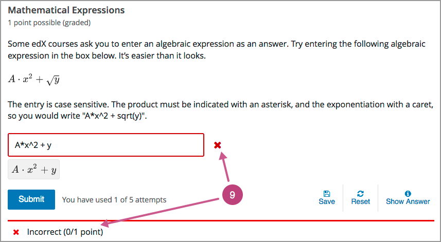A problem from a learner's point of view, with callouts showing the feedback elements of an answered problem.