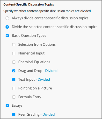 An image showing the checkboxes for specifying which content- specific topics are divided.