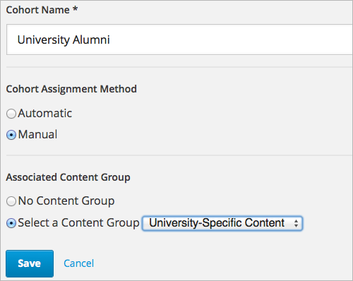 Select a content group to associate with the cohort.