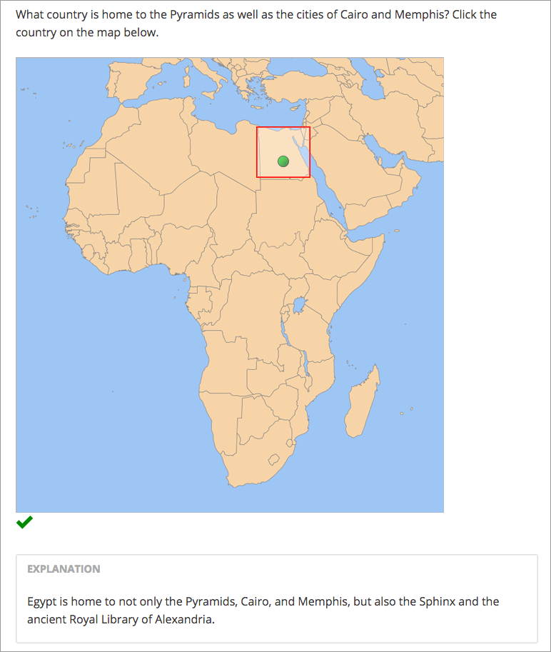 Problem that asks learners to click inside Egypt on a map of Africa.