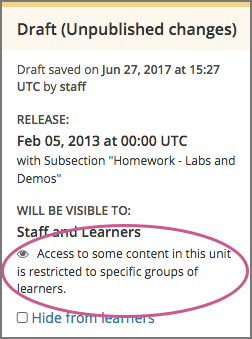 When any component in a unit has restricted access, a message appears in the unit's publishing status bar.