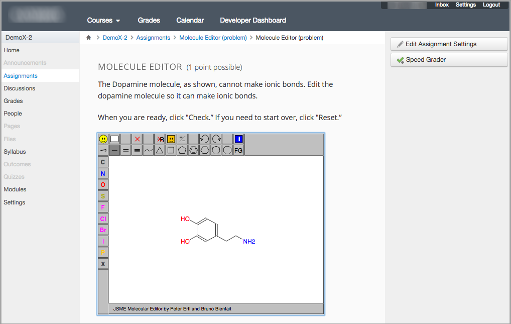 An edX molecule builder problem shown as part of a course running on a Canvas system.