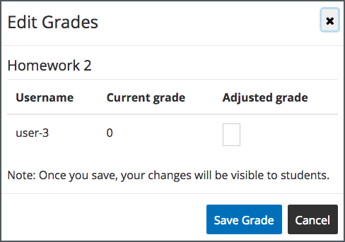 The Edit Grades dialog, which enables you to adjust a learner's grade for an assignment.