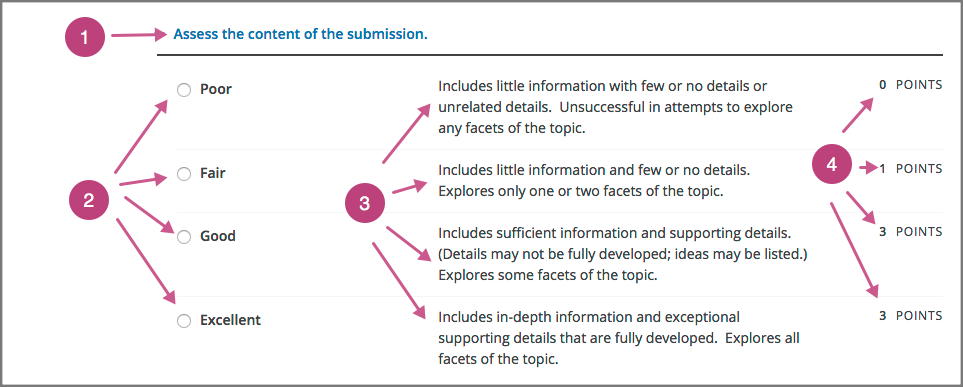 Image of a rubric in the LMS with call-outs for the criterion prompt and option names, explanations, and points.