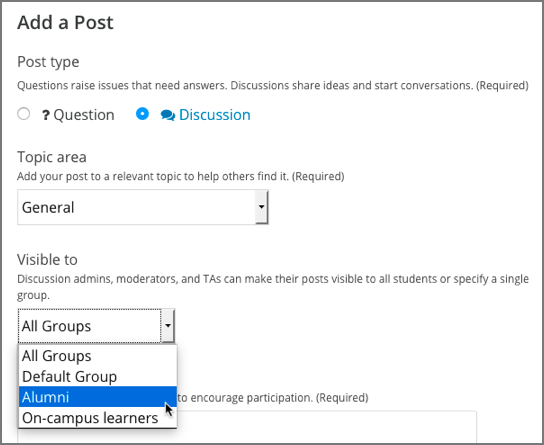 The fields and controls that appear when a course team member with discussion admin privileges clicks "Add a Post" for a divided topic.