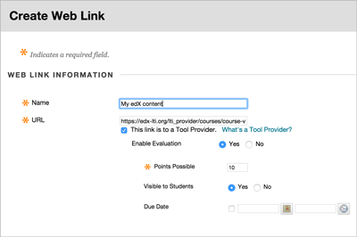 The Blackboard Create Web Link page with example name and URL values.