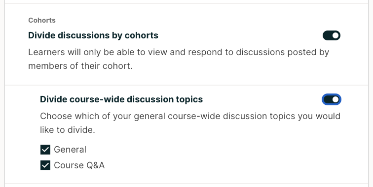 An image showing the toggle and options for dividing course-wide discussion topics