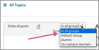 An image showing the discussion navigation pane on the Discussion page, with a dropdown menu showing the options to select "in all groups" or a specific group by name.