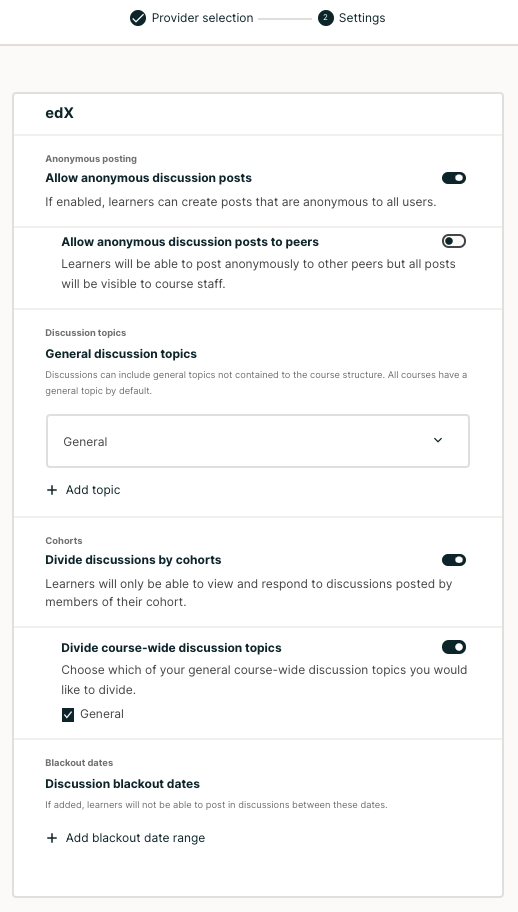 Appearance of edx discussions configurations page.