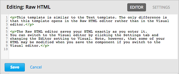The raw HTML editor, showing example HTML.