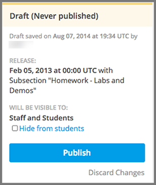 Status panel of a unit that has never been published, with "Draft (Never published)" at the top.