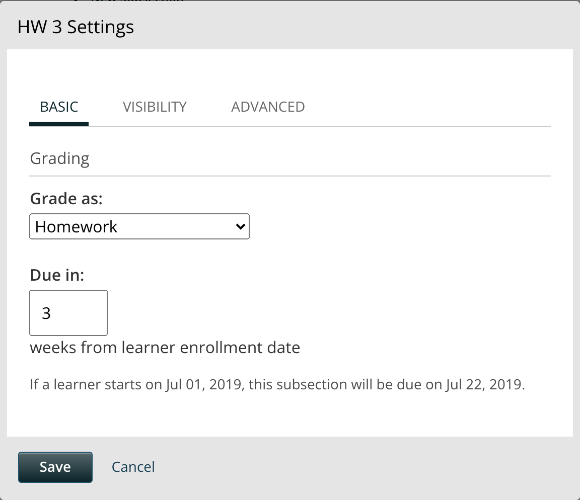 Subsection's configuration modal with grading type options.