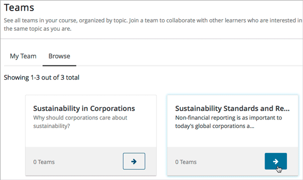 On the page showing available topics, one topic has the arrow button that takes users to the list of teams within that topic highlighted.