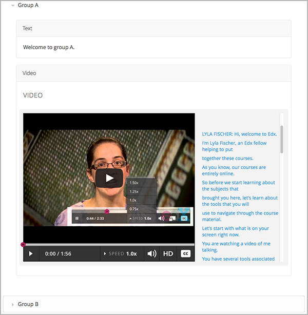 An image of an expanded content experiment component with an HTML and video component.
