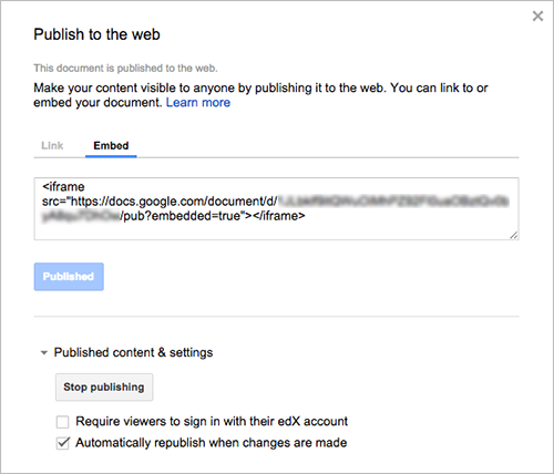 The Google Drive file Publish to web Embed tab