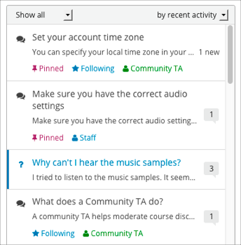 The discussion navigation pane, showing some unread and some read posts, including a post that has been read but now has additional new responses or comments.