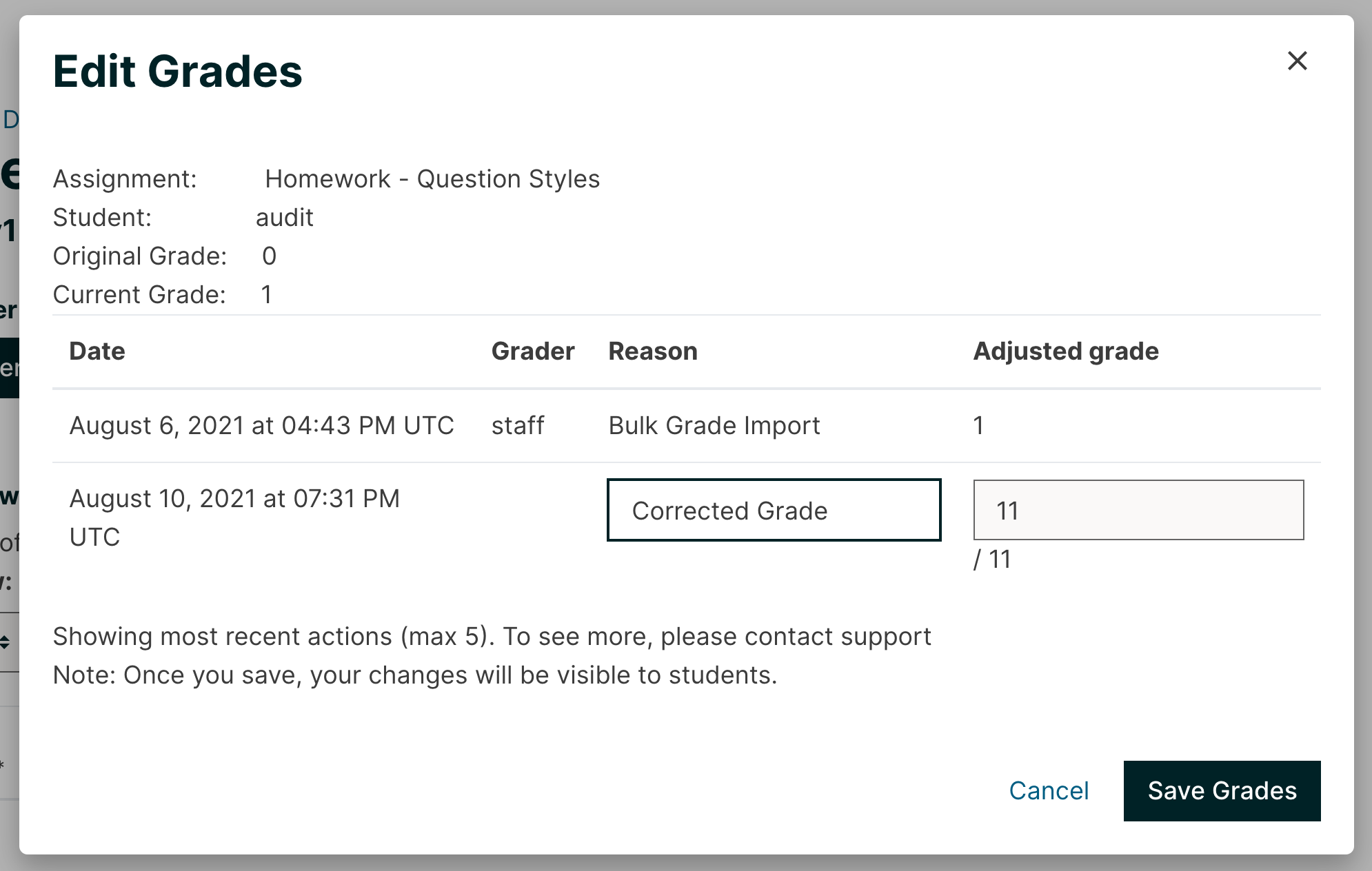 The Edit Grades dialog, which enables you to adjust a learner's grade for an assignment.