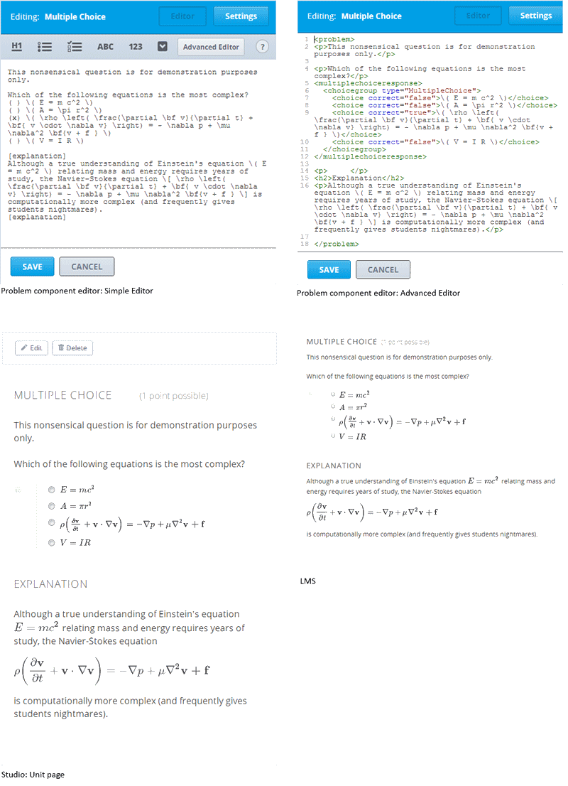A composite image of four views of the same single select problem. The simple editor Markdown and advanced editor OLX are shown at the top, with the rendered problem on the Studio unit page and in the LMS below.