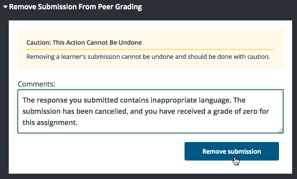 Dialog allowing comments to be entered when removing a learner submission.