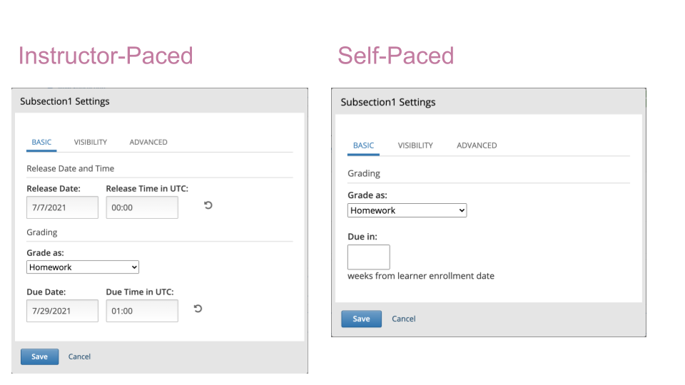 Side-by-side comparison of subsection settings for instructor-led and self-paced courses, showing release and due date options for the instructor-led course.