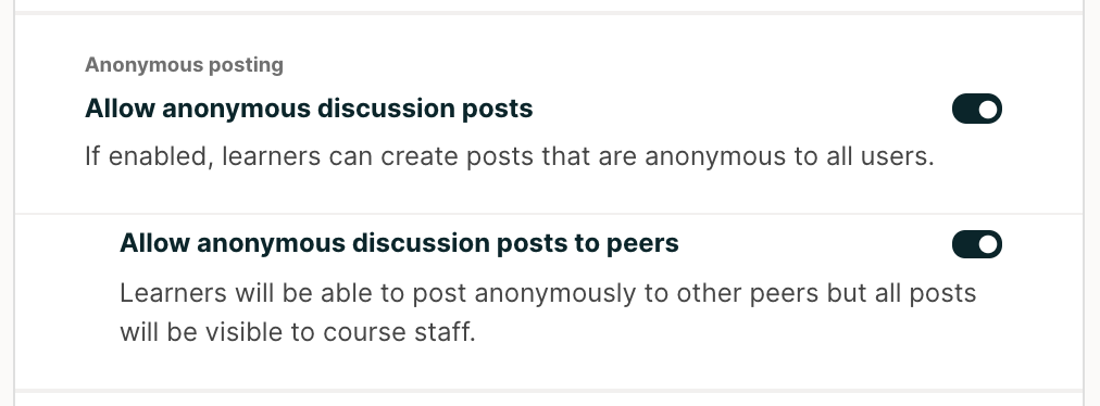 Toggle switches for anonymous posts in edx discussions configuration.
