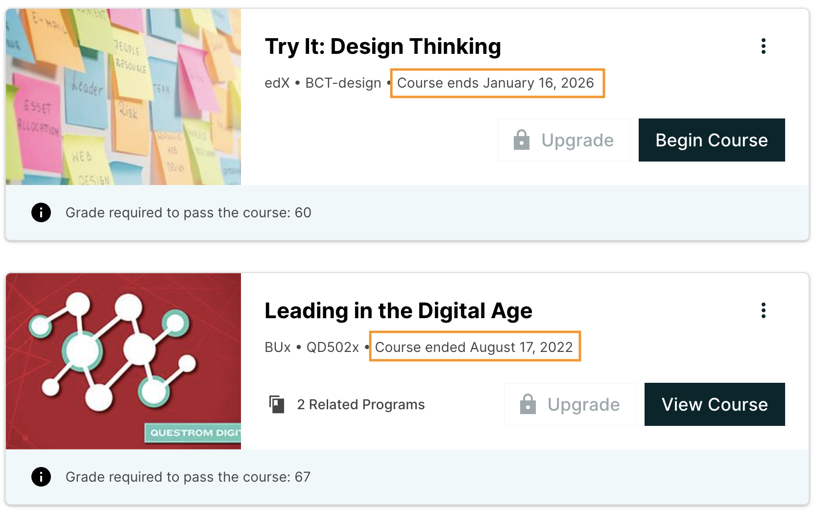 The learner dashboard with a course in progress, one that has ended, one that is self-paced and can be started any time, and one that has not started.