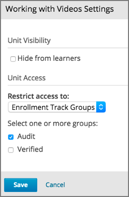 The visibility and access settings dialog for a unit, with enrollment track groups selected, and two enrollment tracks available for selecting.