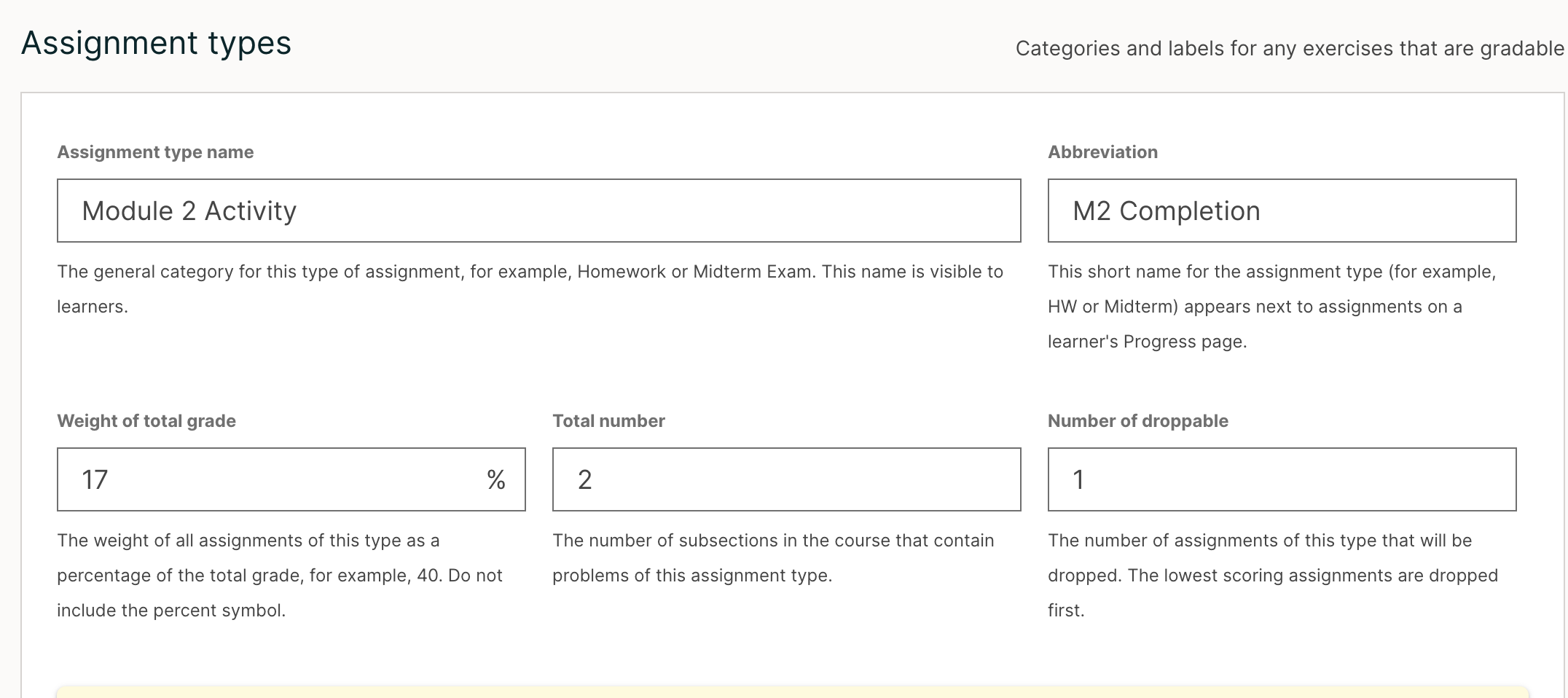 An image of the top part of the Grading page in which you can see the range for grades and set the grace period.