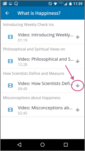 A list of videos in a subsection, showing the download icon for a single video.