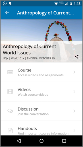 The main course menu on the mobile app, showing the Course, Videos, Discussions, Handouts, Announcement, and Important Dates sections.