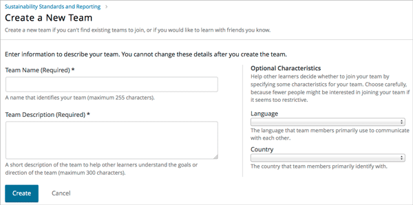 Empty form with fields to be completed when a learner creates a new team.