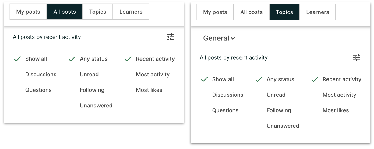 Discussion filters and sorting menu.