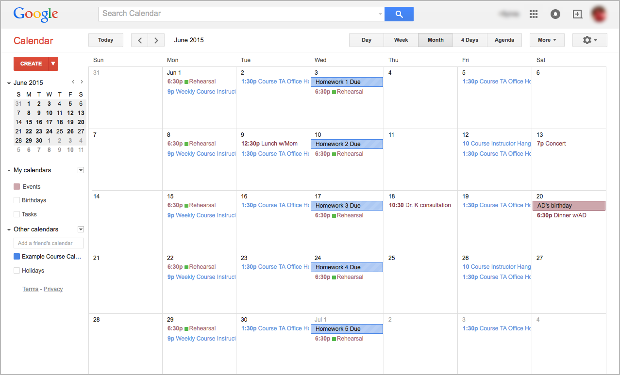 A course calendar integrated with a personal Google calendar.