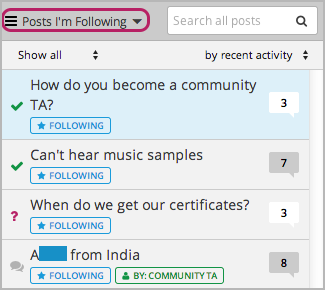 The list of posts with the "Posts I'm Following" filter selected. Every post in the list shows the following indicator.