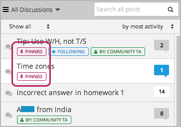 Short list of posts with the "pinned" identifier circled