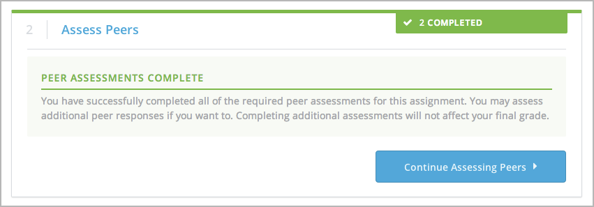 The peer assessment step expanded so that "Continue Assessing Peers" is visible