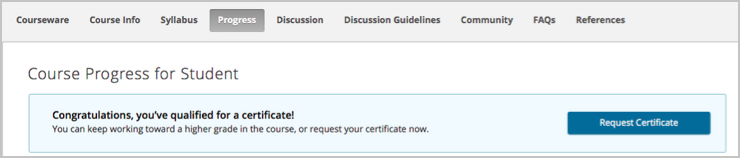 Image of the top of a Progress page, with the text "Congratulations, you've qualified for a certificate!"