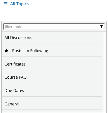 Use the navigation pane on the Discussion page to read posts in your course discussion. You can view all topics or only topics that you are following. You can also filter and sort posts, and you are notified about new unread responses and comments in posts.