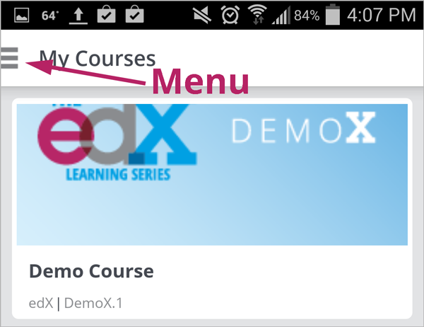 Mobile "My Courses" page with an arrow pointing to the menu in the upper left corner.