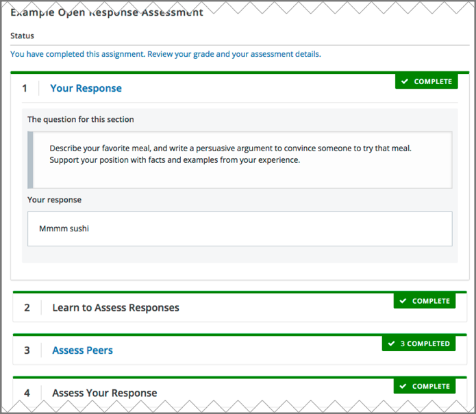 An example open response assessment, showing a training step, peer assessment step and self assessment step.