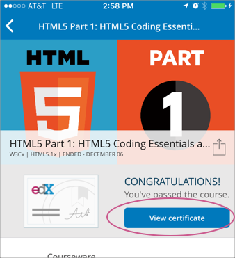 "View certificate" button on the mobile app course page.