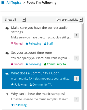 Posts in the navigation pane have states and icons to indicate whether you have read them, and whether they are questions, discussions, or answered questions. Icons also indicate posts that you are following, that were pinned by discussion administrators, and that were posted by Staff or a Community Teaching Assistant.