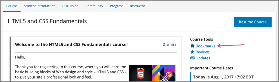On the Course page, the Bookmarks link appears under the Course Tools heading in the sidebar.