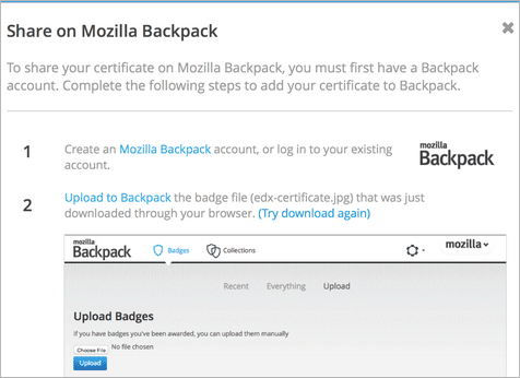 Dialog with instructions that opens when you select the Mozilla Backpack share icon.