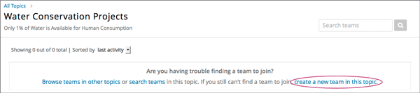 The "create a new team in this topic" link at the bottom of the page showing all teams in a topic.