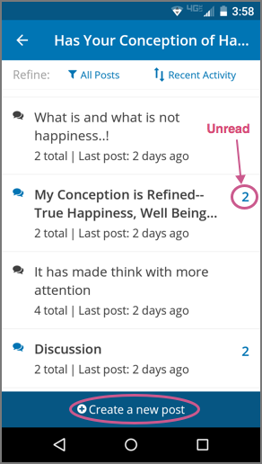 The Topics view in course discussions in the mobile app.