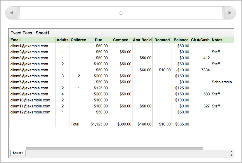 A Google spreadsheet rendered in the LMS.